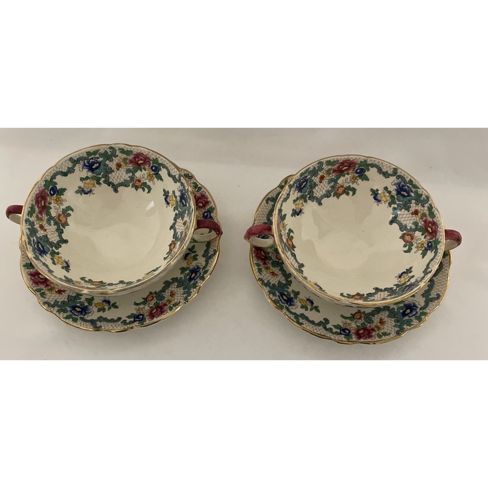 Vtg Royal Cauldon VICTORIA Soup Bowl & Saucer England Floral Scalloped Gold TWO